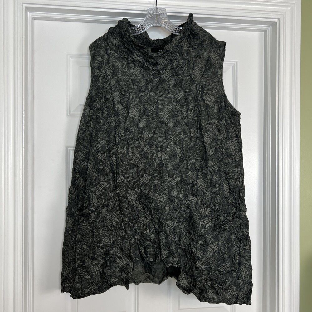 Sun Kim Crinkle Trapeze Tunic Dress XL Black Art to Wear Lagenlook Wire Collar